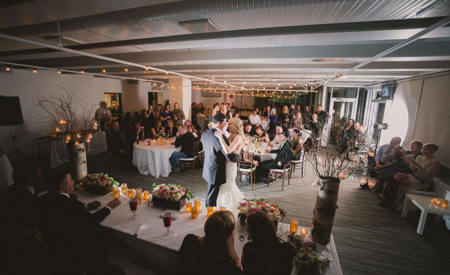 indoor wedding reception, couple's first dance