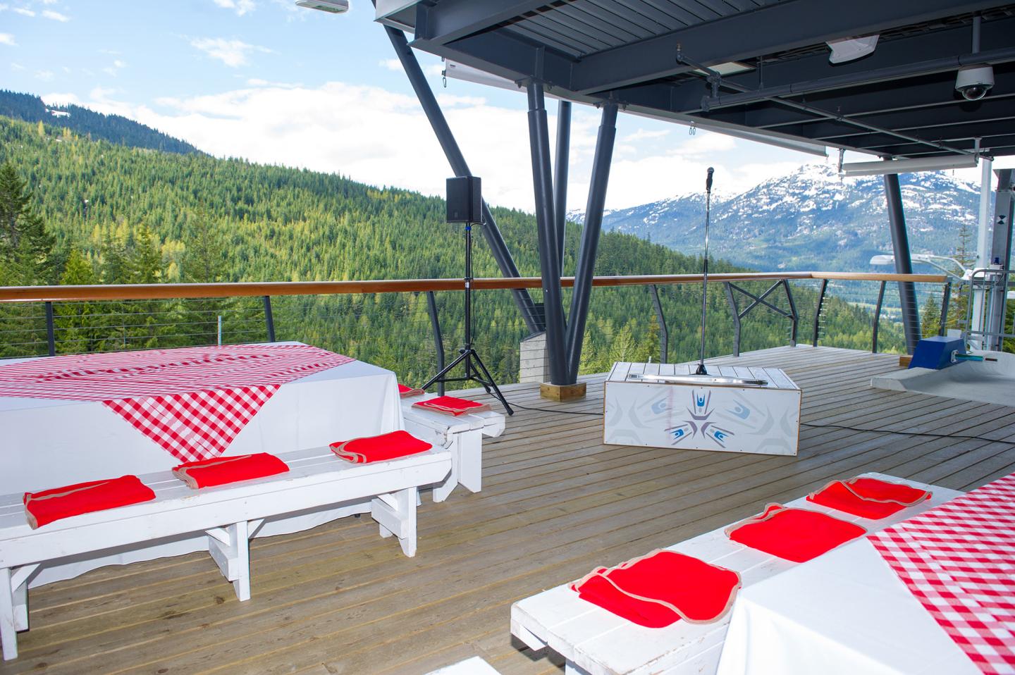 benches and tables setup on patio at outdoor venue in the mountains